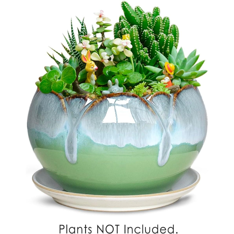 5.5 Inch Green Rustic Drip Glazed Dahlia Planter