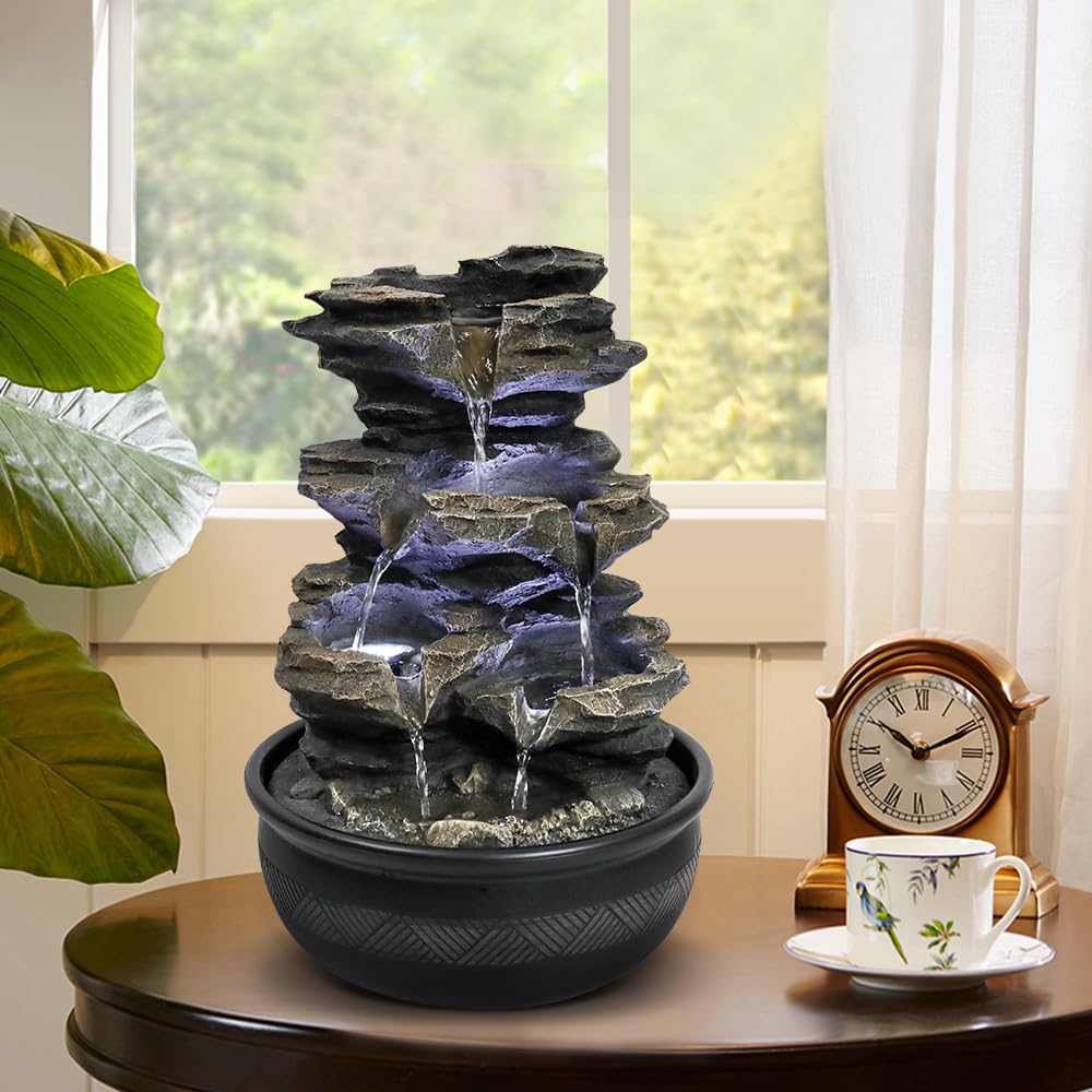 15.7 Inch Gray Led Rock Falls Tabletop Fountain