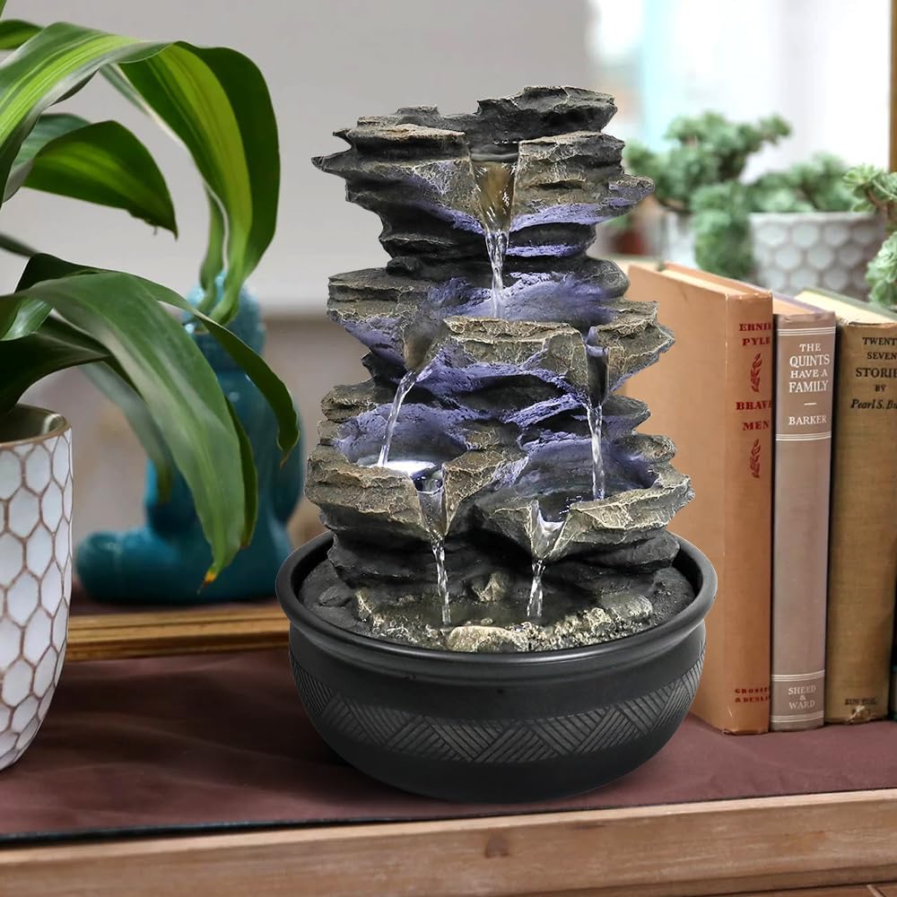 15.7 Inch Gray Led Rock Falls Tabletop Fountain