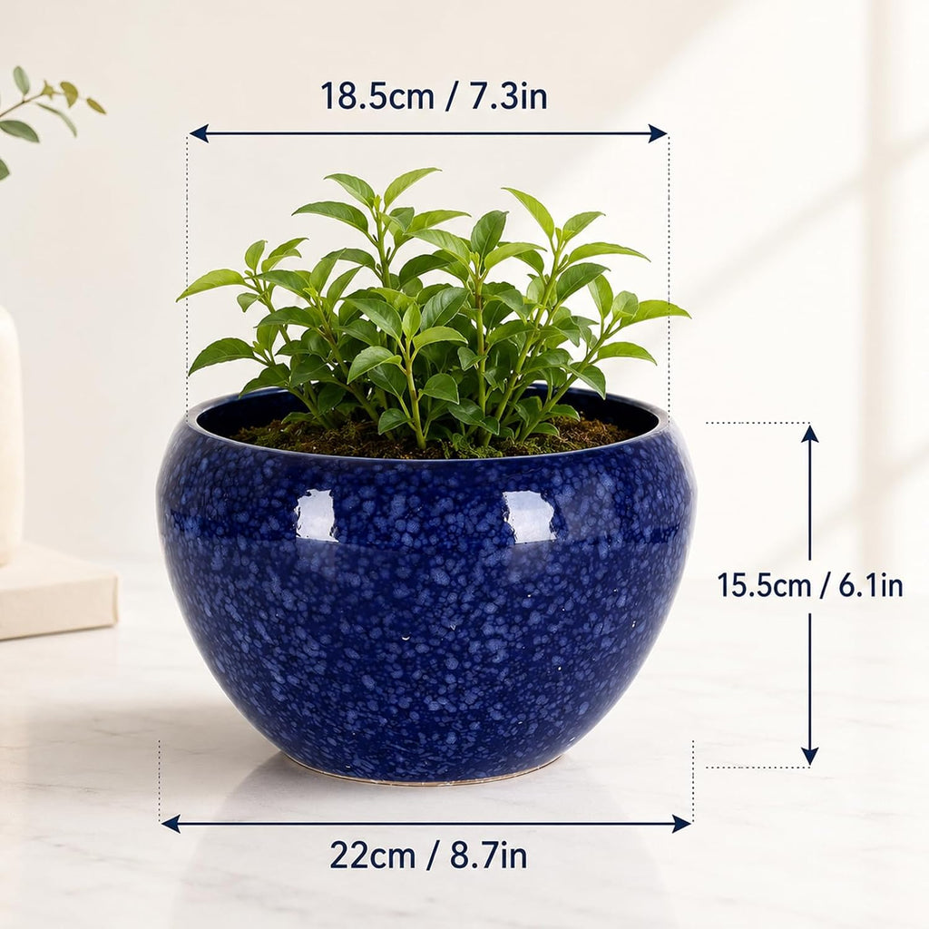 Round Blue Glazed Ceramic Flower Pot