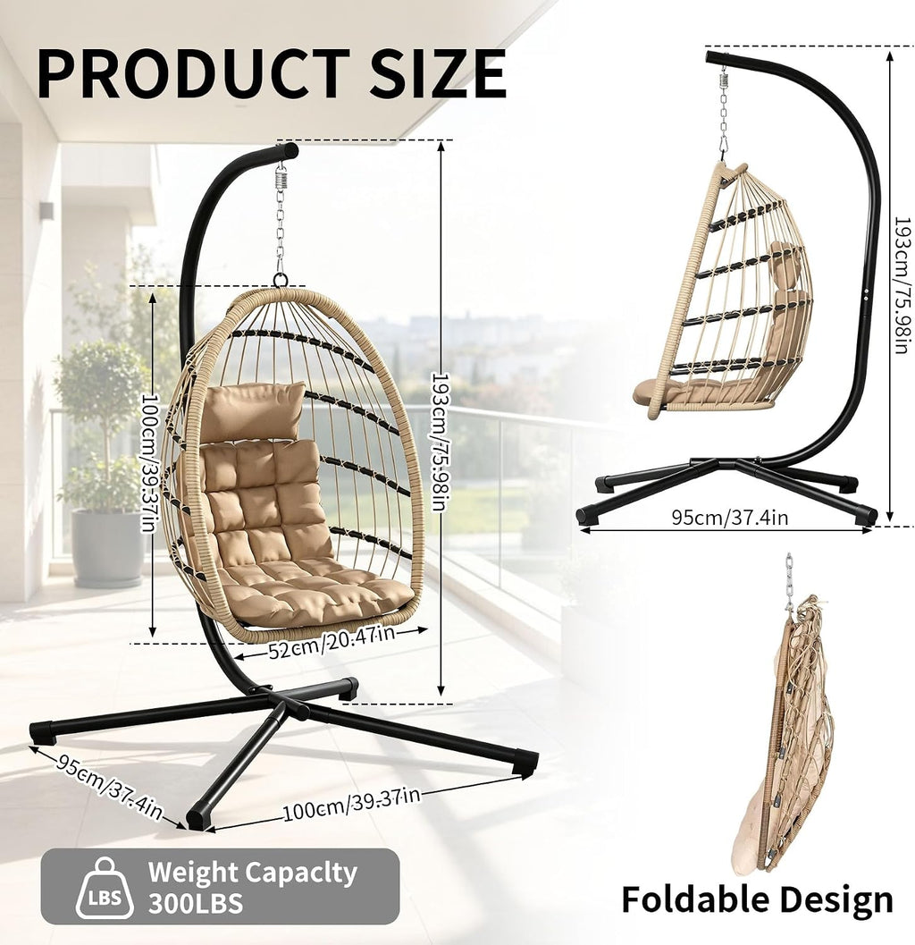 Beige Wicker Hanging Egg Chair With Stand