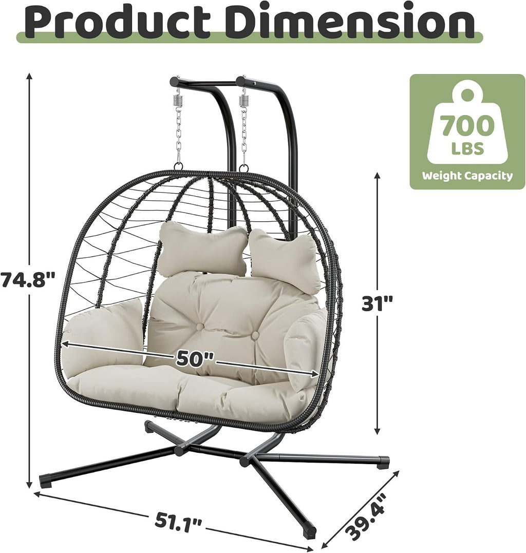 Black‑Beige Double Hanging Egg Chair With Stand