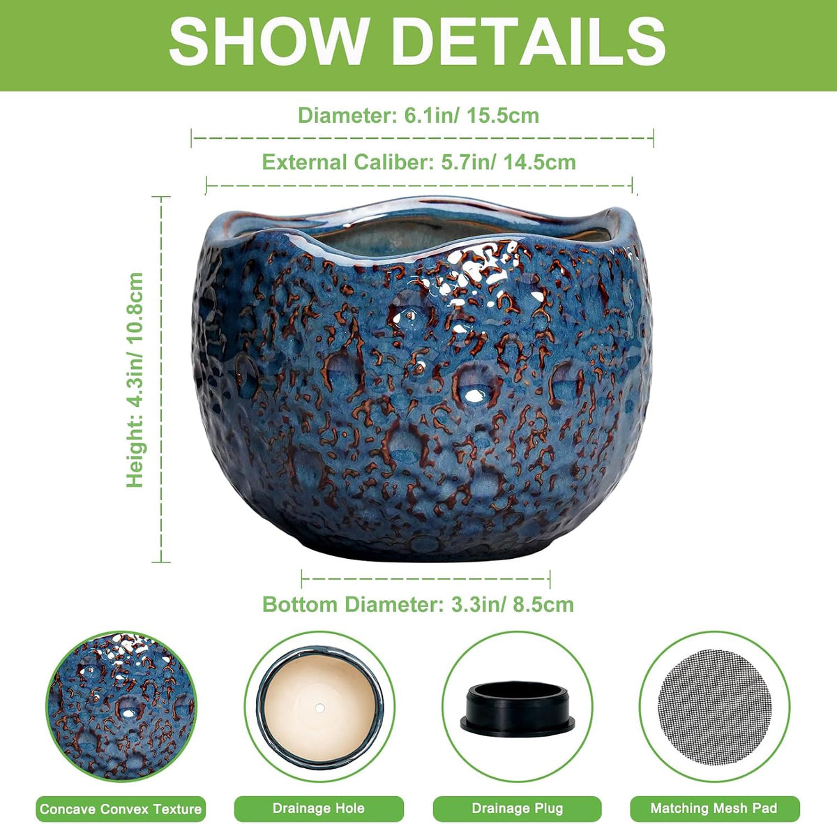 6 Inch Retro Blue Ceramic Plant Pot