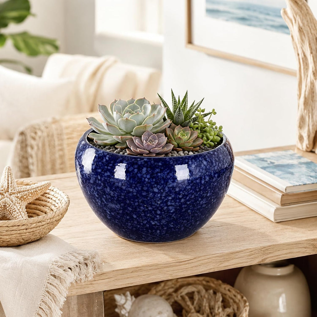 Round Blue Glazed Ceramic Flower Pot