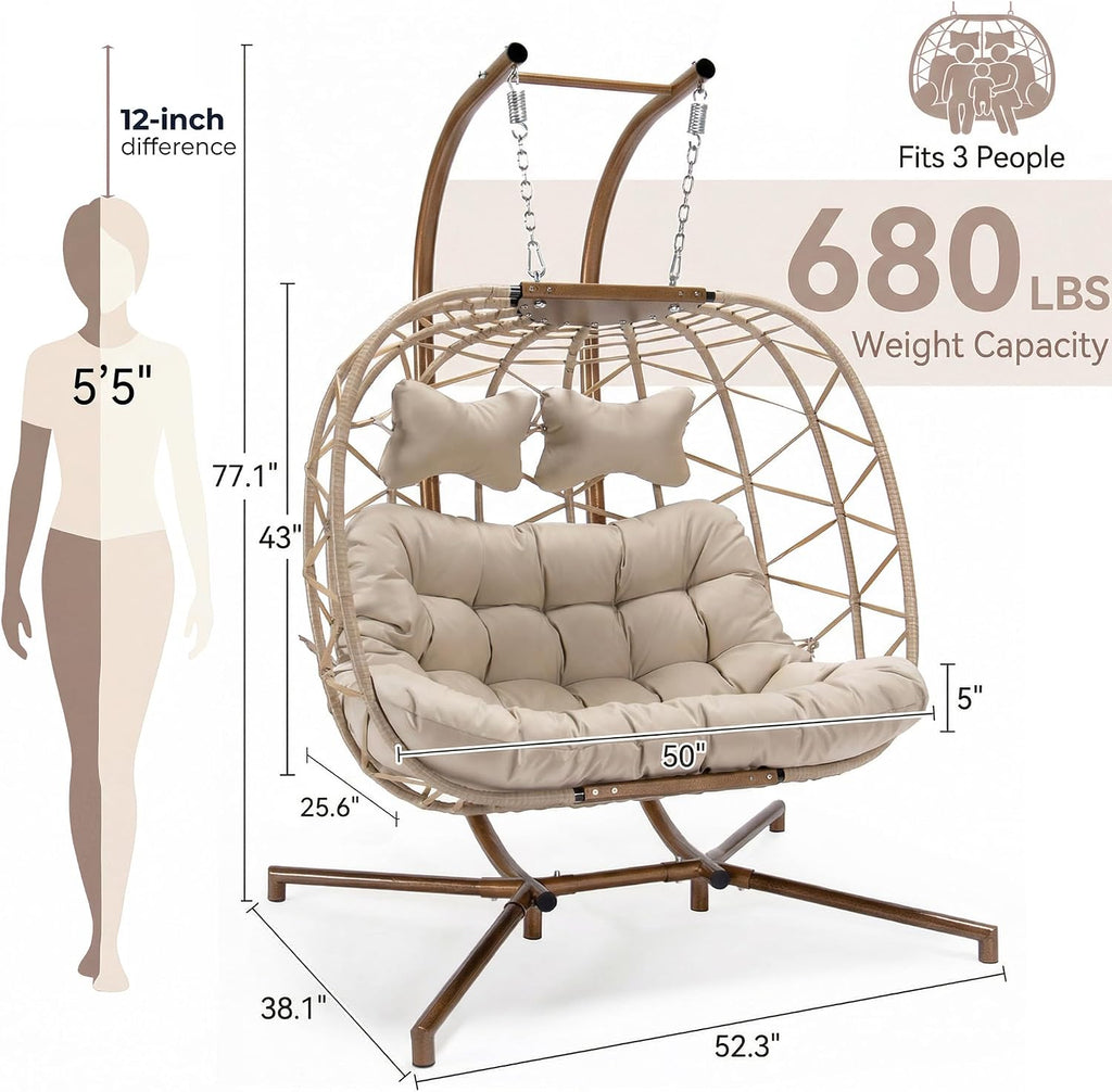 Beige Double Wicker Egg Swing Chair With Stand