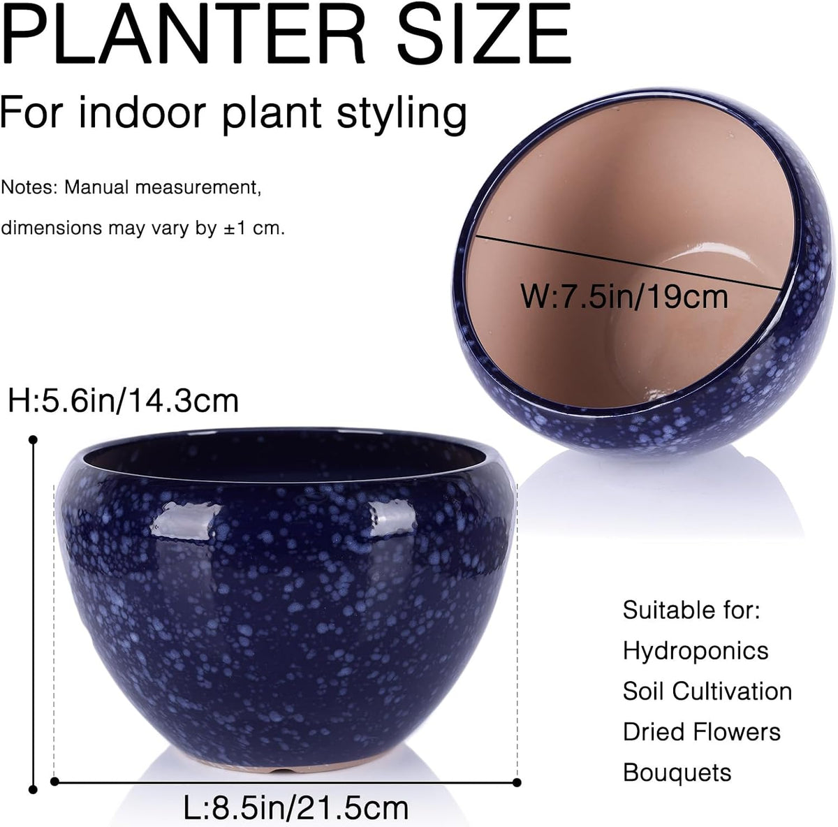 8 Inch Blue Wide Bowl Ceramic Planter