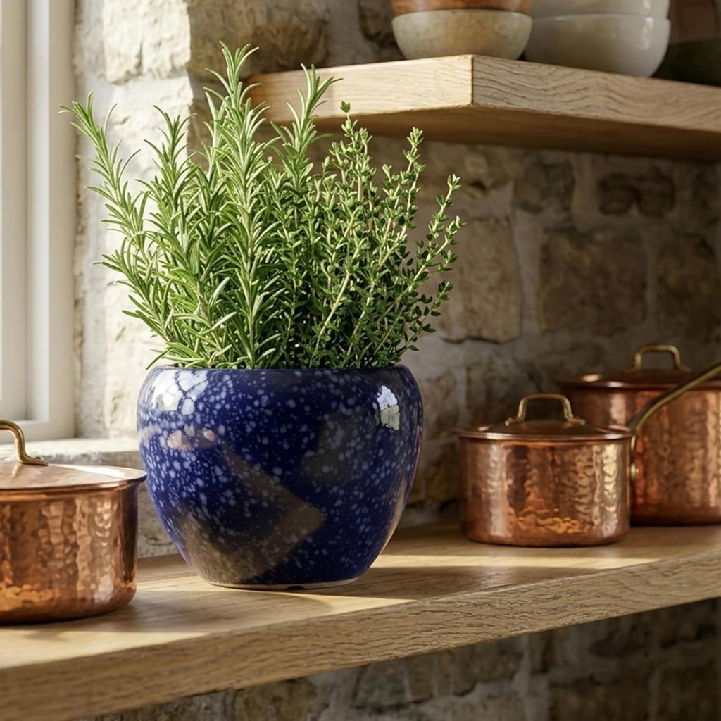 8 Inch Blue Wide Bowl Ceramic Planter