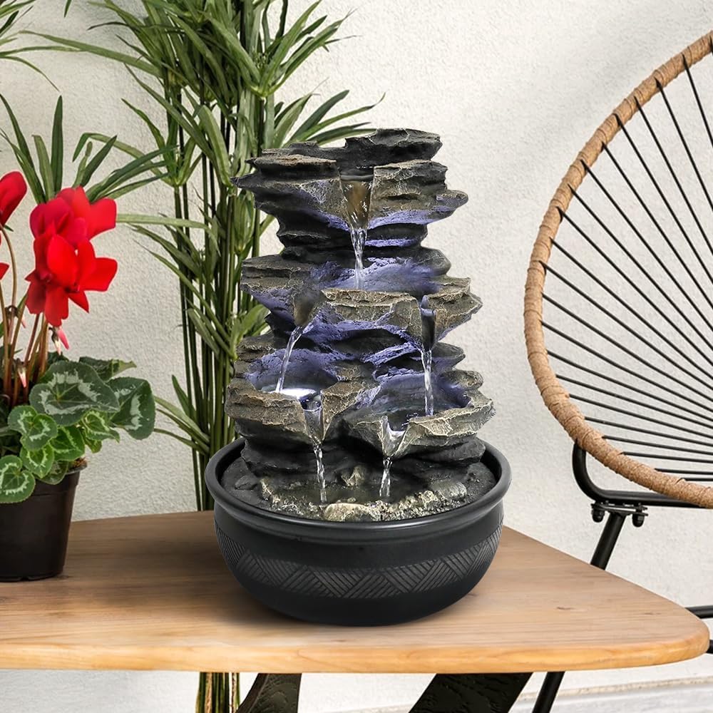 15.7 Inch Gray Led Rock Falls Tabletop Fountain