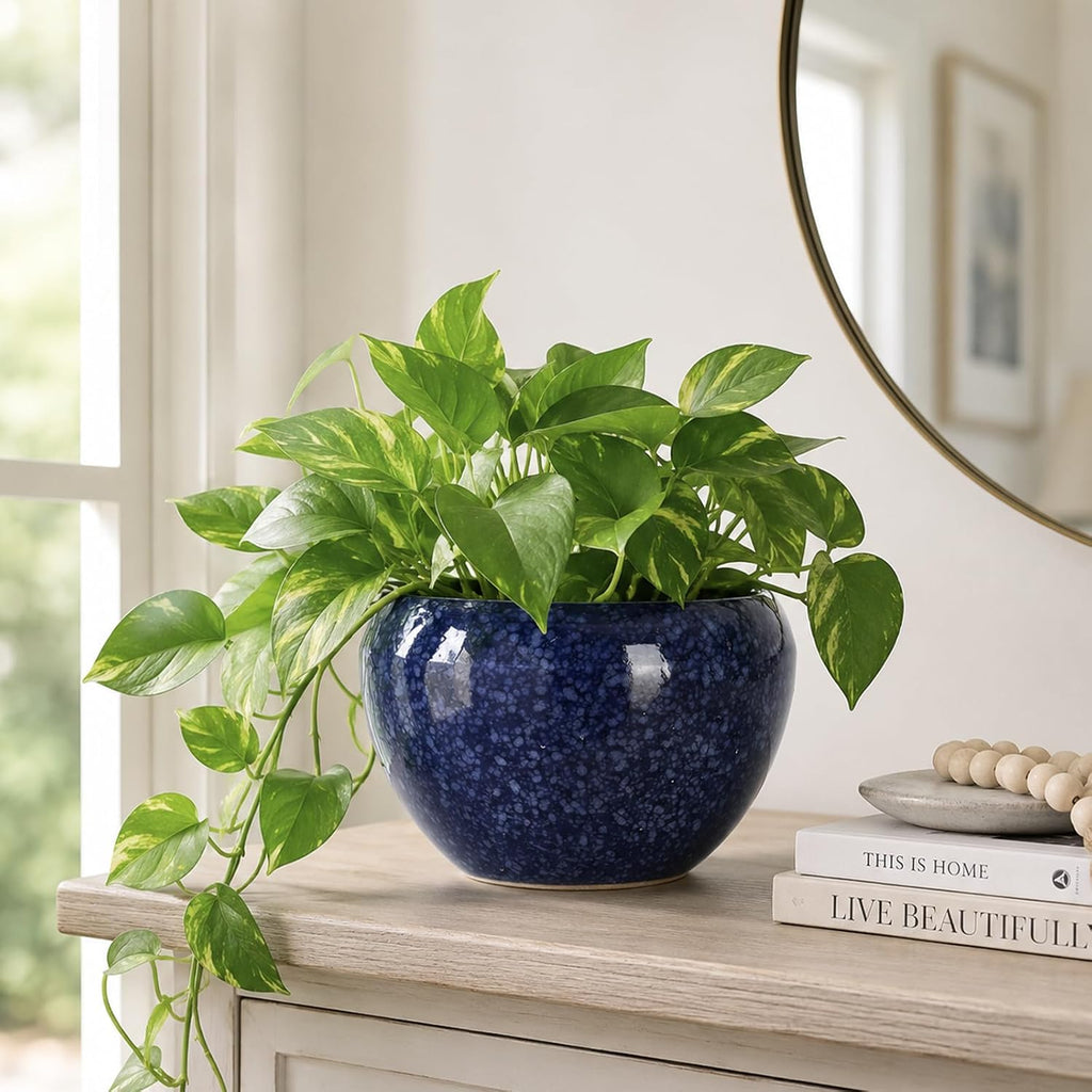 Round Blue Glazed Ceramic Flower Pot