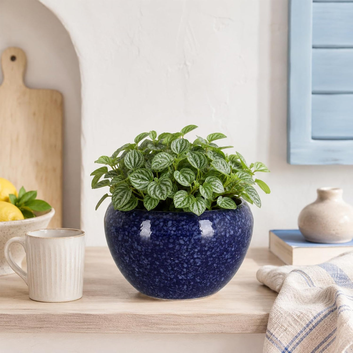 Round Blue Glazed Ceramic Flower Pot