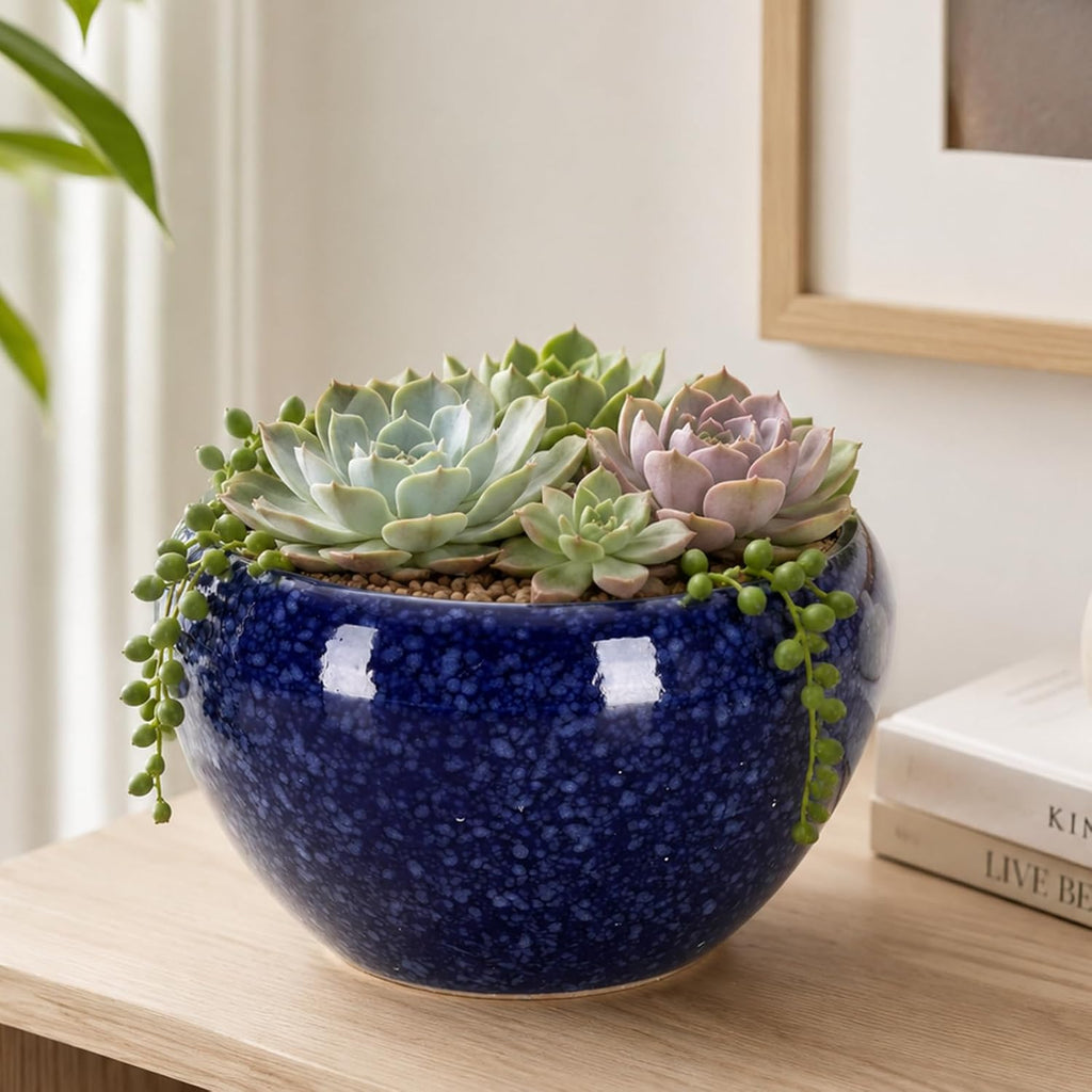 Round Blue Glazed Ceramic Flower Pot
