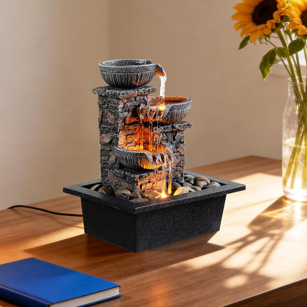 3‑Bowl Led Tabletop Waterfall Fountain