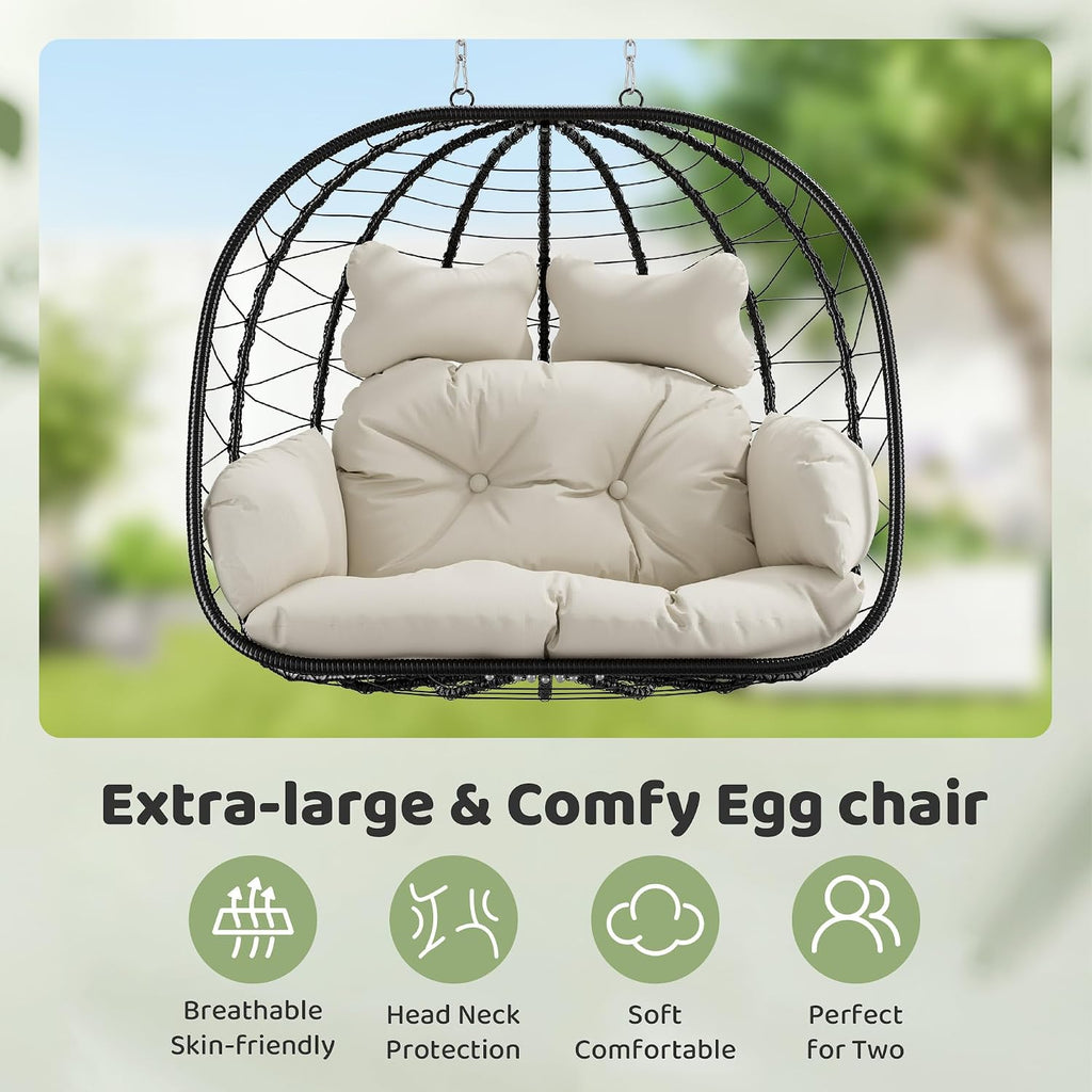 Black‑Beige Double Hanging Egg Chair With Stand