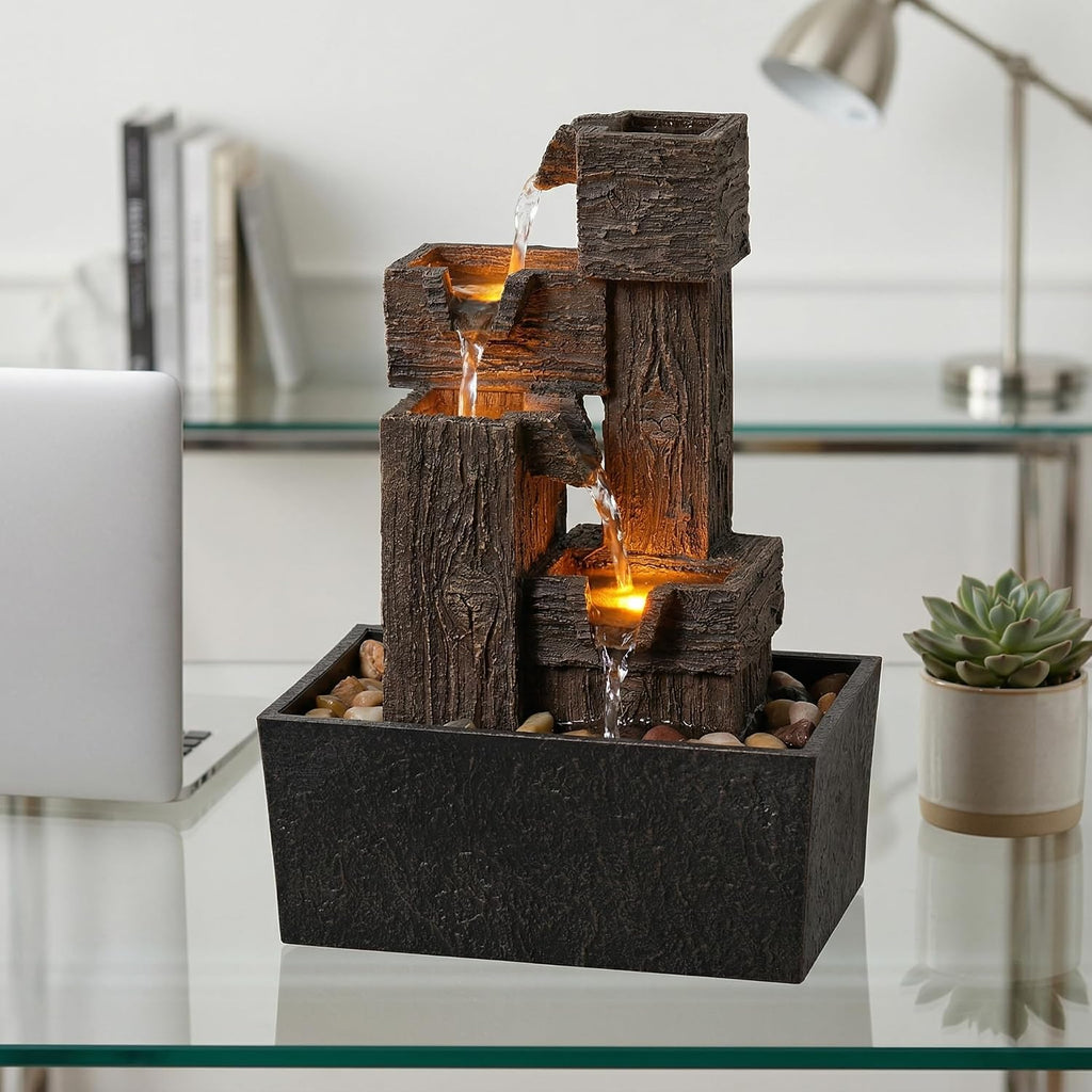 13 Inch Resin Wood‑Grain Led Tabletop Fountain