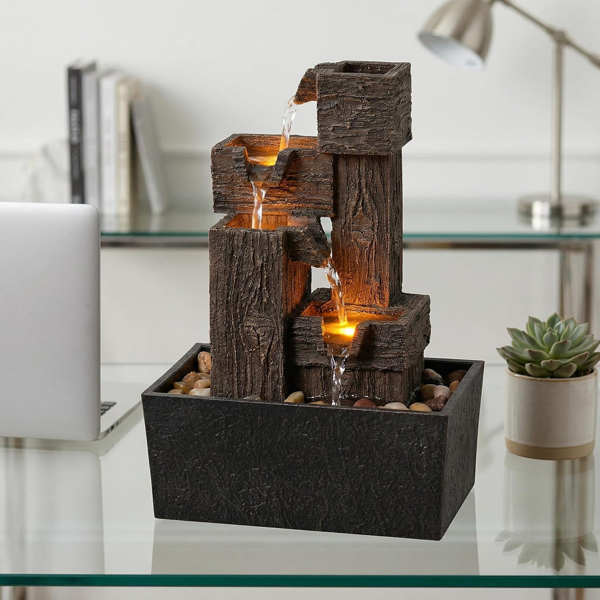 13 Inch Resin Wood‑Grain Led Tabletop Fountain