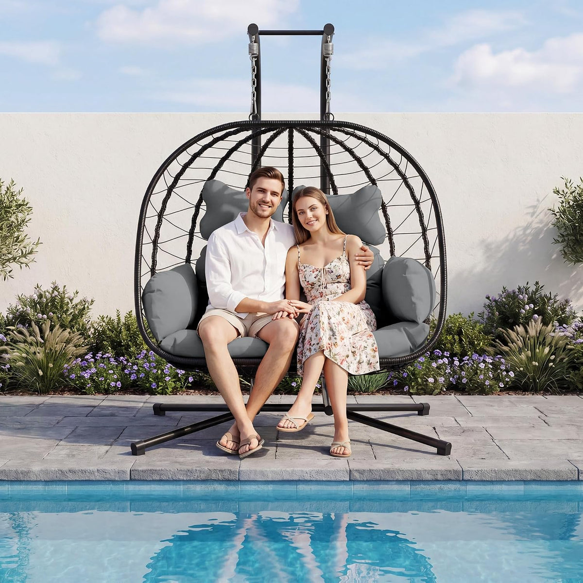 Black‑Grey Double Egg Swing Chair With Stand