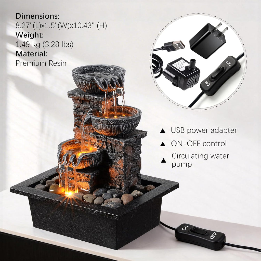 3‑Bowl Led Tabletop Waterfall Fountain