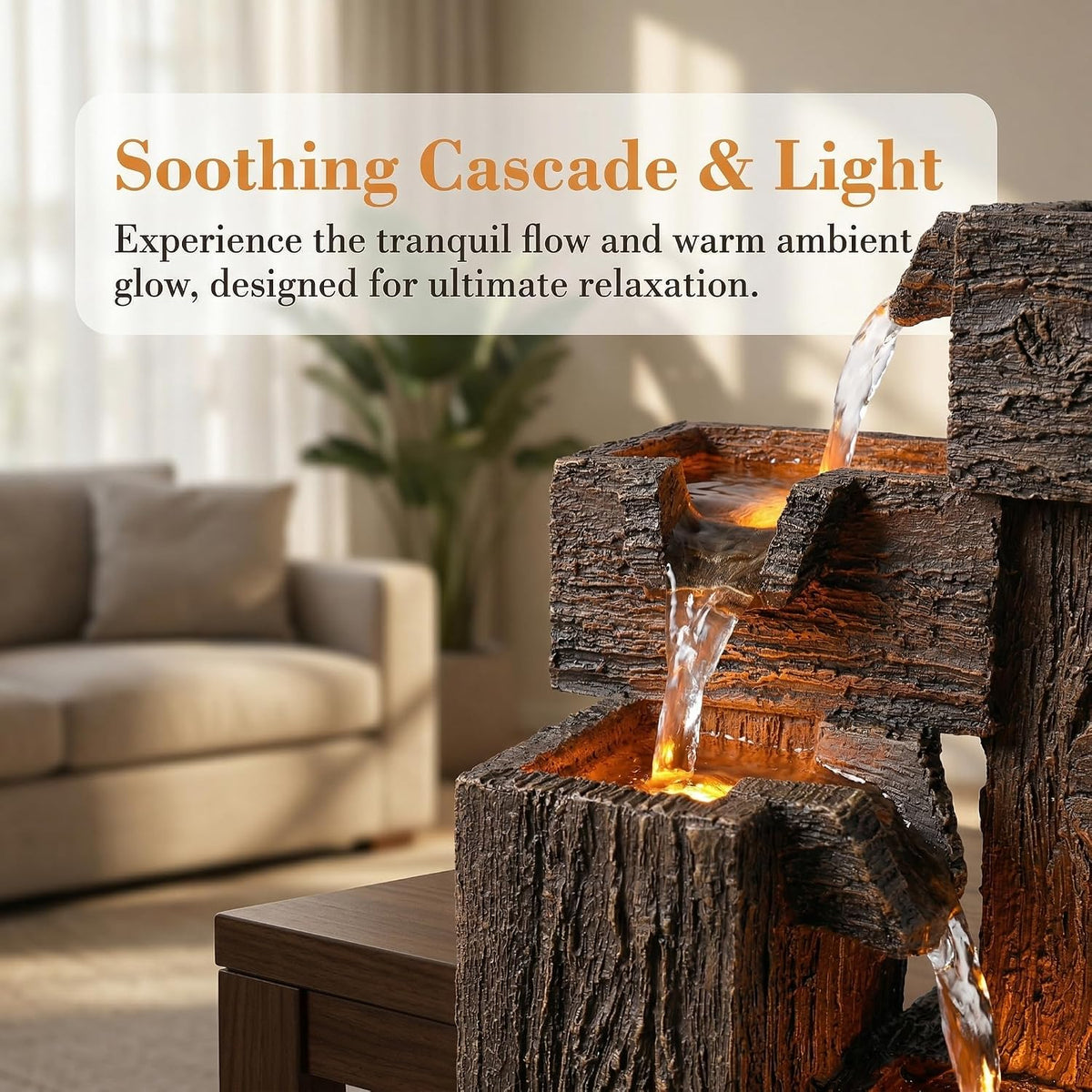 13 Inch Resin Wood‑Grain Led Tabletop Fountain