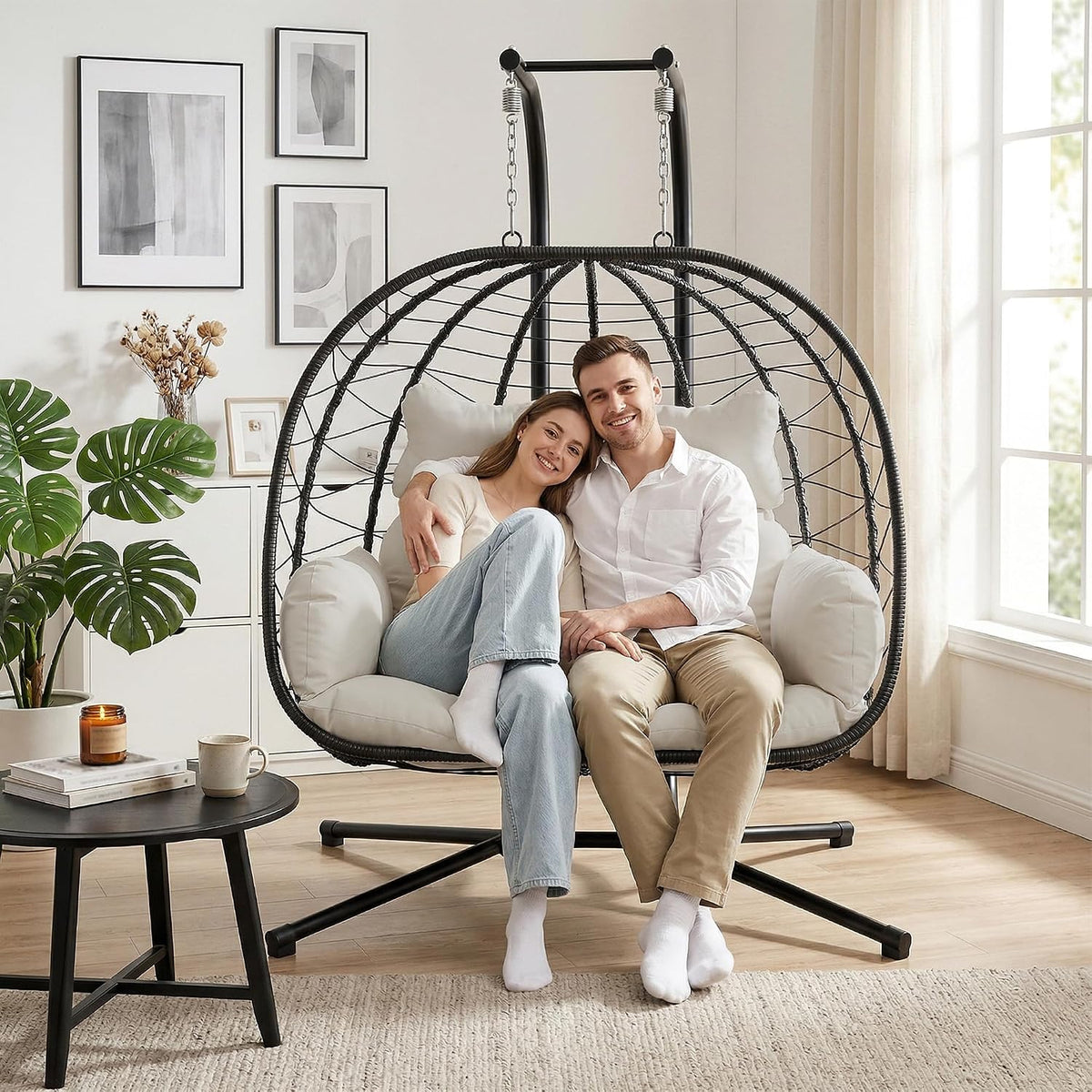 Black‑Beige Double Hanging Egg Chair With Stand