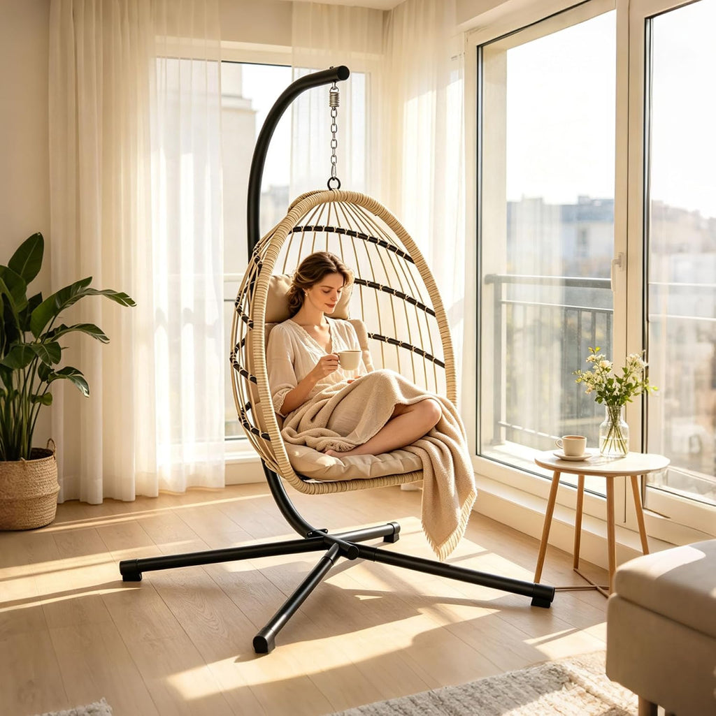 Beige Wicker Hanging Egg Chair With Stand