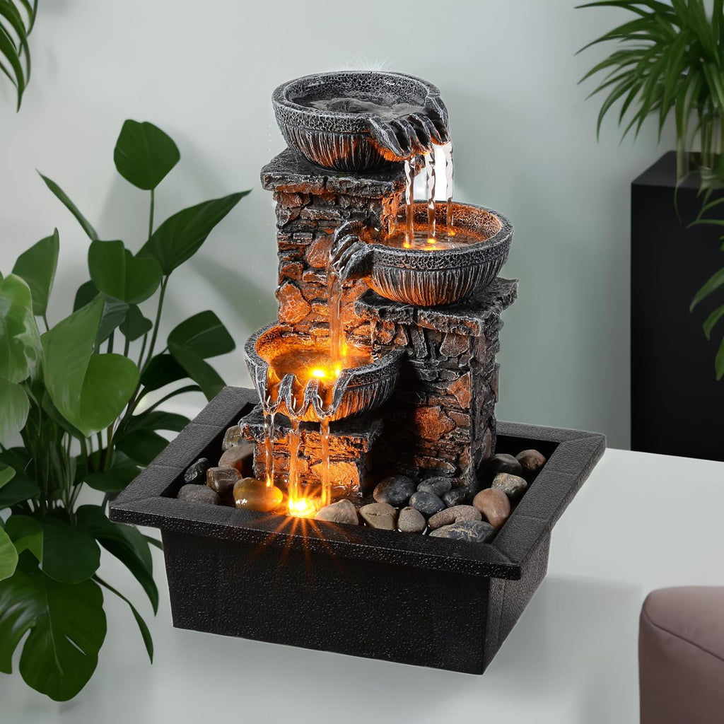 3‑Bowl Led Tabletop Waterfall Fountain