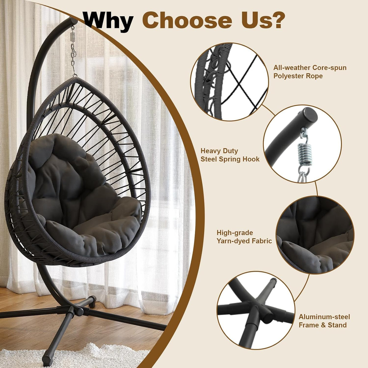 Dark Grey Hanging Egg Chair With Stand