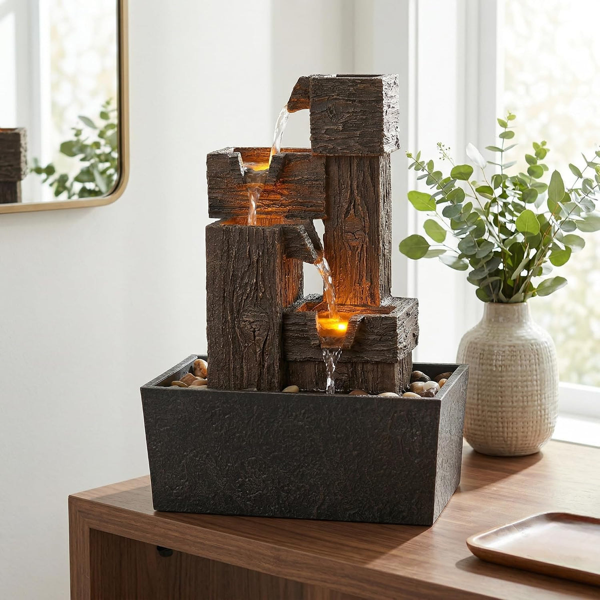 13 Inch Resin Wood‑Grain Led Tabletop Fountain