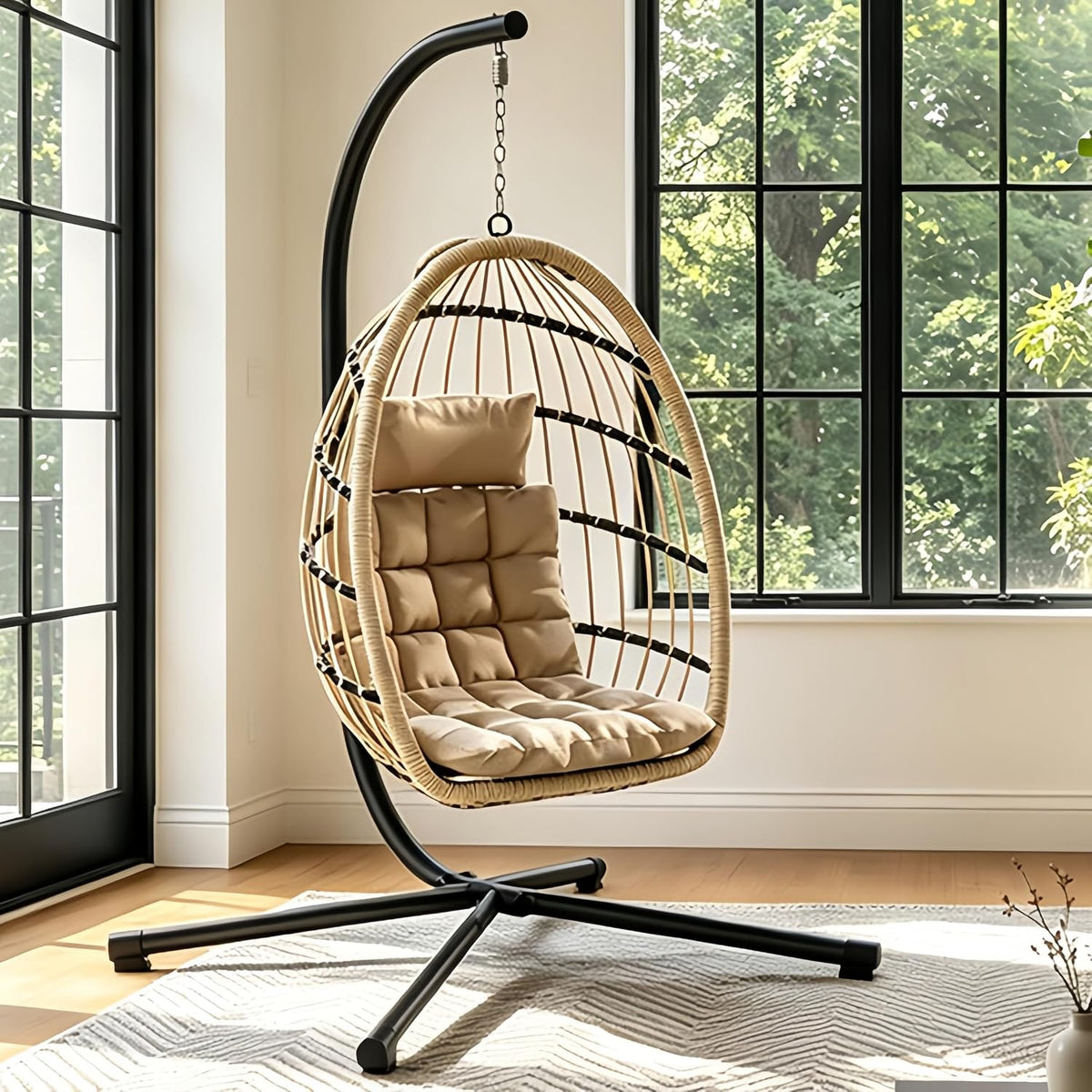 Beige Wicker Hanging Egg Chair With Stand
