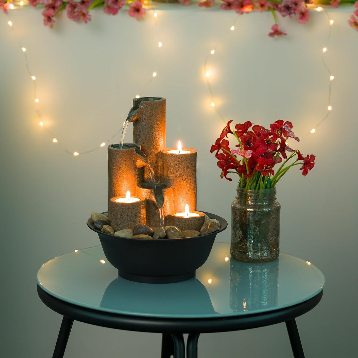 11 Inch Brown 3‑Candle Tabletop Fountain