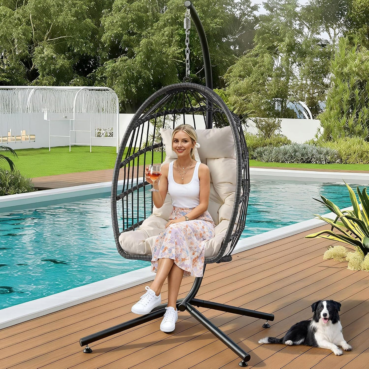 Beige Hanging Egg Chair With Stand