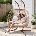 Beige Double Wicker Egg Swing Chair With Stand