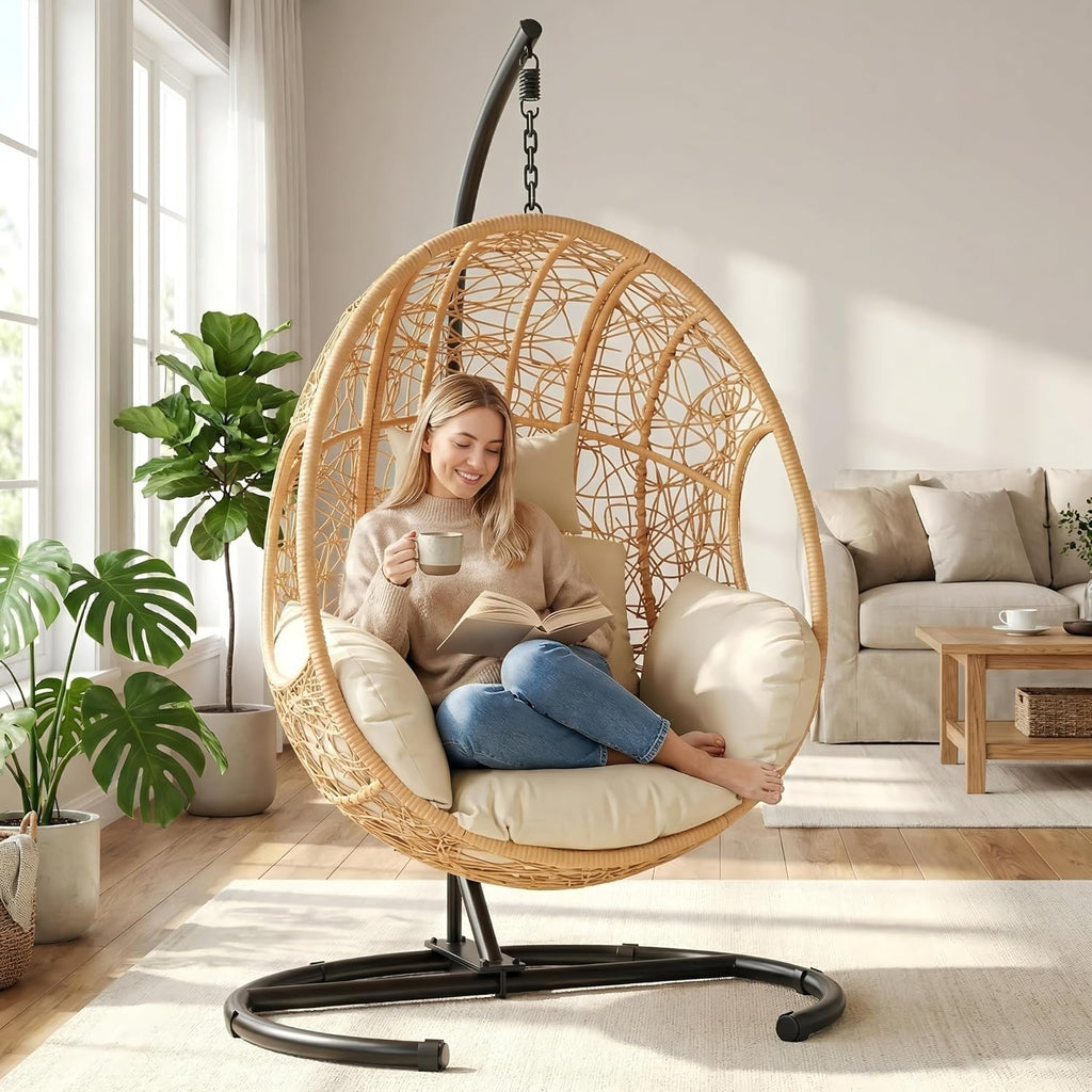 Beige Wicker Hanging Egg Chair With Stand