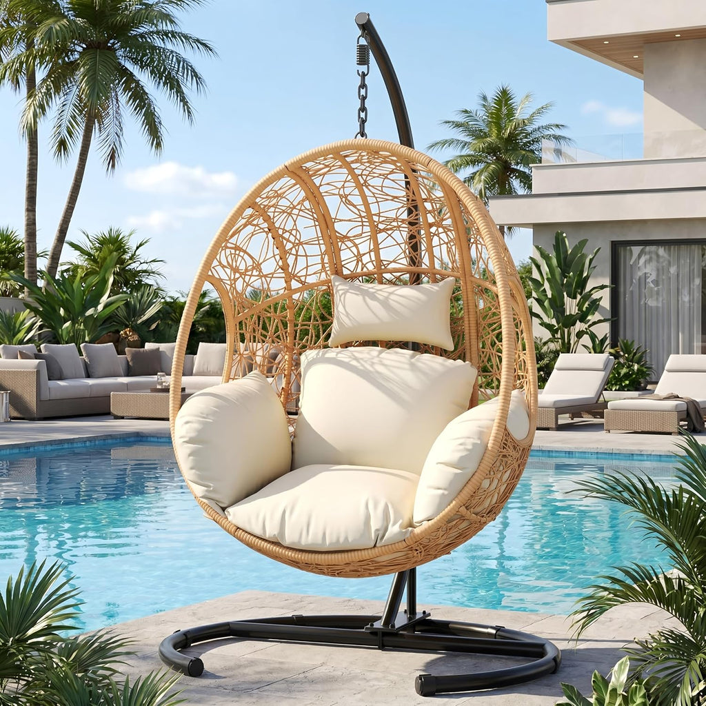 Beige Wicker Hanging Egg Chair With Stand
