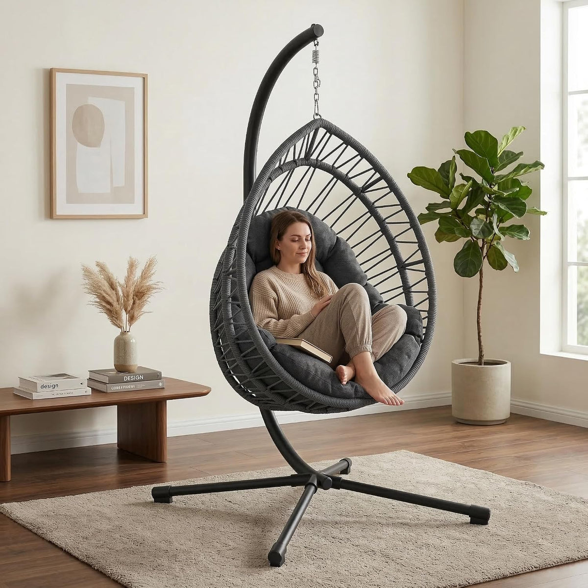 Dark Grey Hanging Egg Chair With Stand