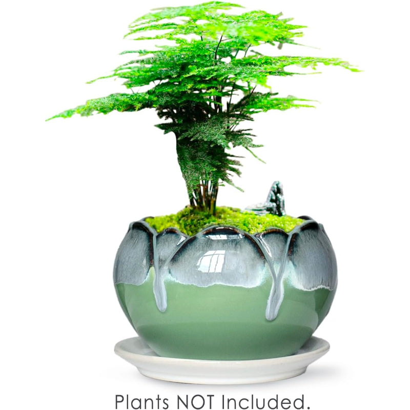 5.5 Inch Green Rustic Drip Glazed Dahlia Planter